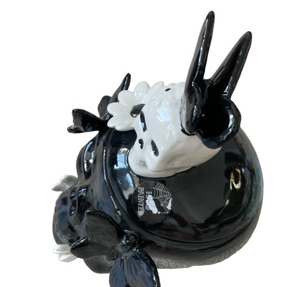 Halloween Skull Cookie Jar Canister w/ Lid Hand Painted Black White Spooky NEW - Picture 15 of 16